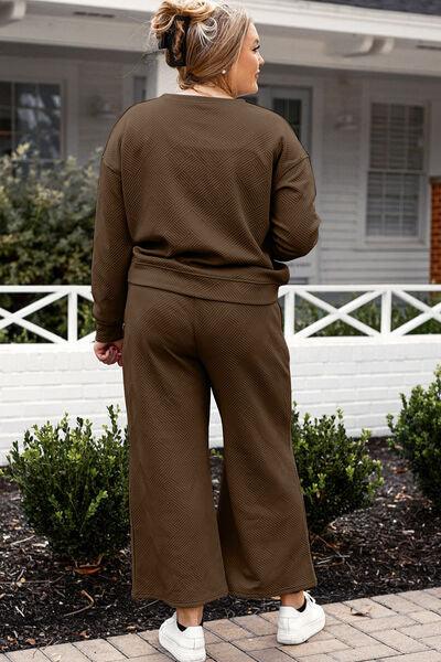 Double Take Full Size Textured Long Sleeve Top and Drawstring Pants Set - Three Mad Hatters Mercantile 