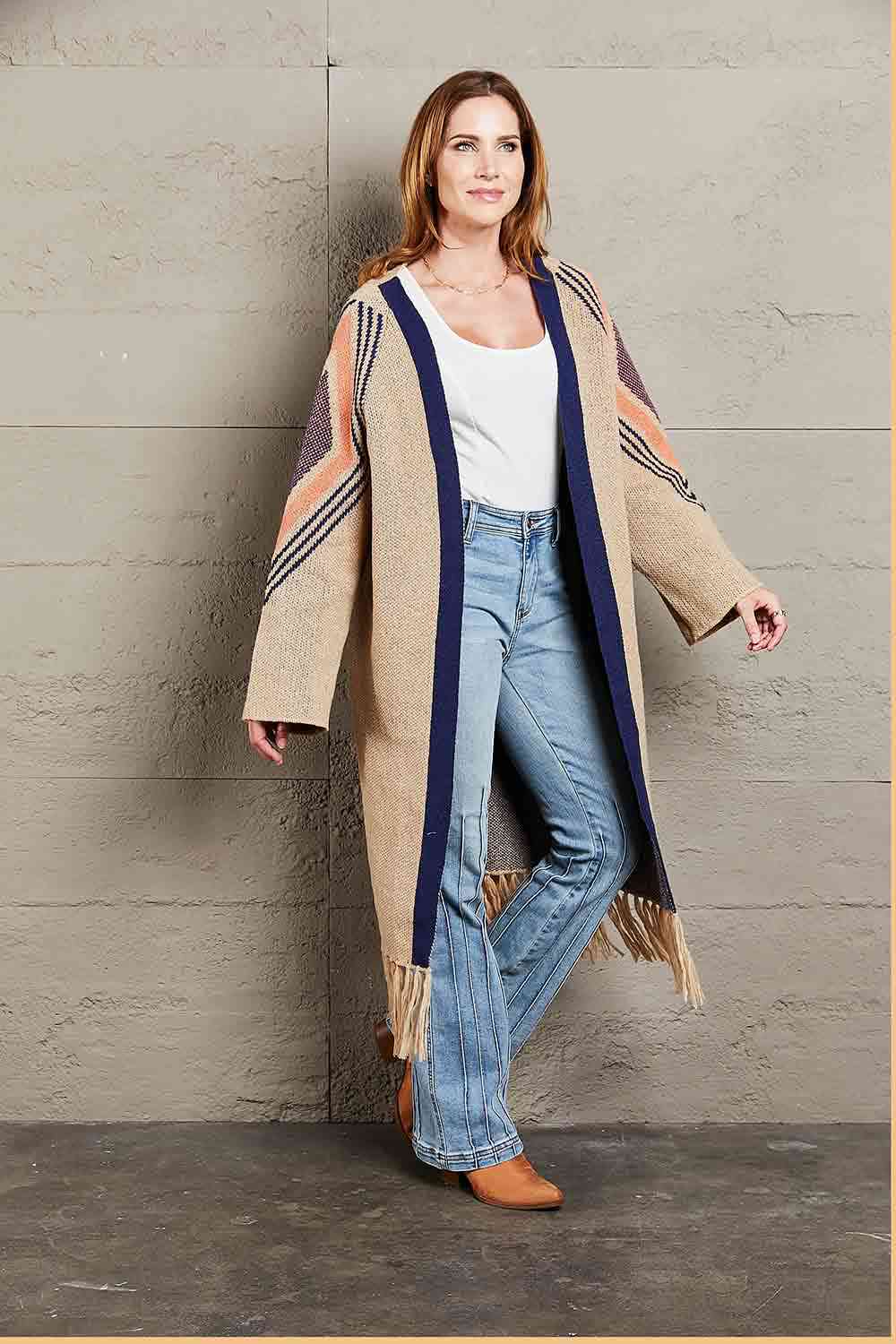 Double Take Geometric Fringe Hem Open Front Duster Cardigan Duster Cardigan   