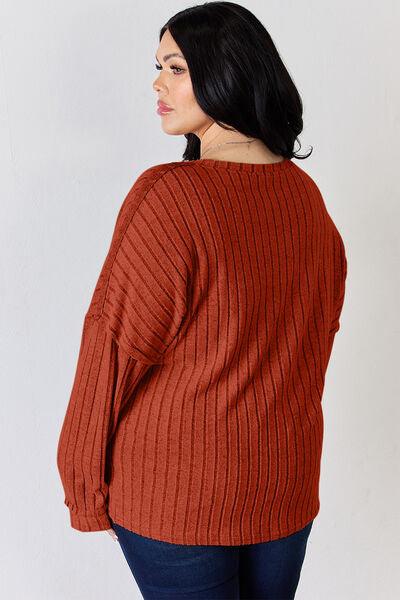 Basic Bae Full Size Ribbed Half Button Long Sleeve T-Shirt - Three Mad Hatters Mercantile 