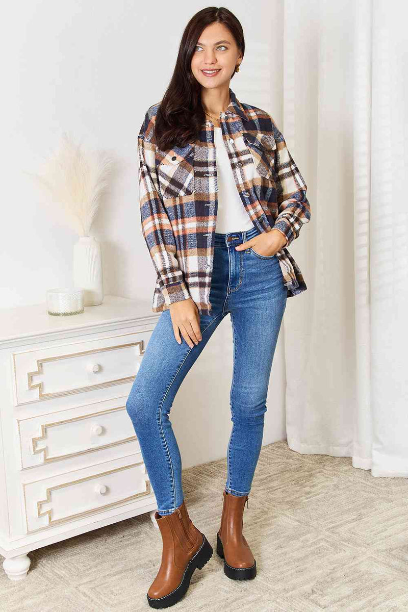 Double Take Plaid Button Front Shirt Jacket with Breast Pockets Shacket   