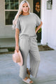 Double Take Texture Short Sleeve Top and Pants Set - Three Mad Hatters Mercantile 