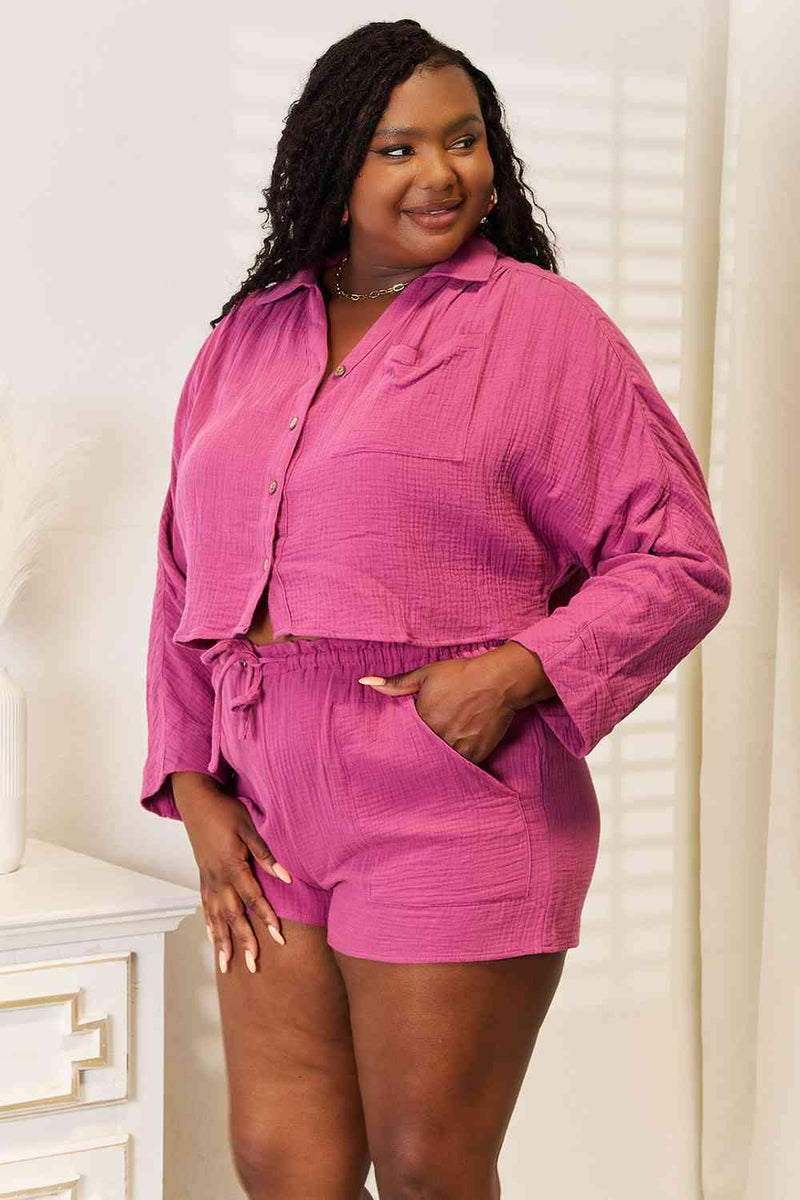 Basic Bae Buttoned Long Sleeve Top and Shorts Set - Three Mad Hatters Mercantile 