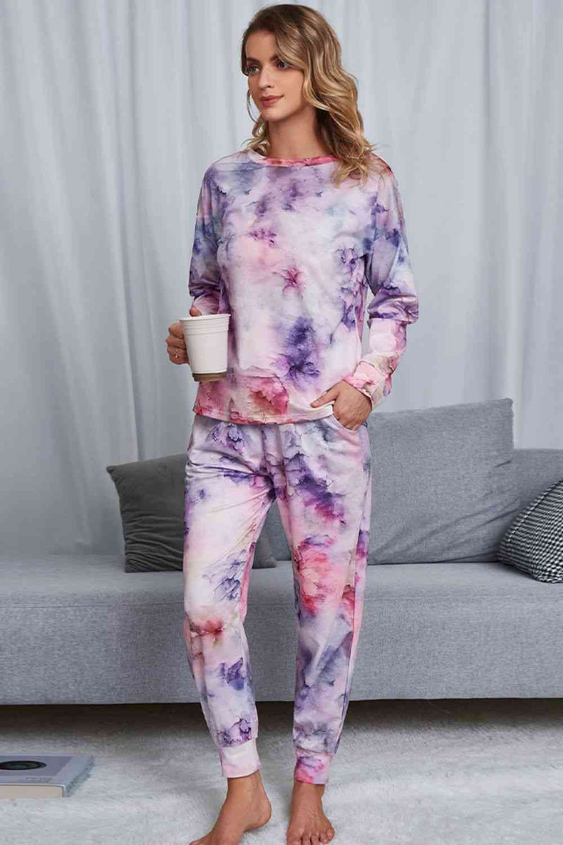 Tie-Dye Crewneck Top and Drawstring Waist Joggers Lounge Set Lounge Set   