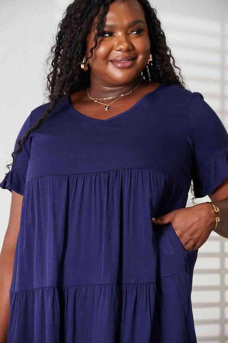 Double Take V-Neck Flounce Sleeve Tiered Dress - Three Mad Hatters Mercantile 