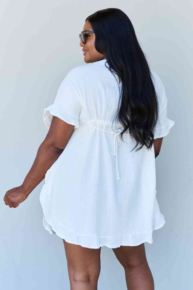 Ninexis Out Of Time Full Size Ruffle Hem Dress with Drawstring Waistband in White women mini dress   