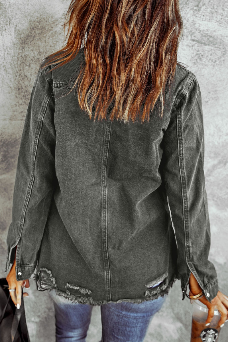 Distressed Raw Hem Snap Down Denim Jacket Womens Denim Jacket   