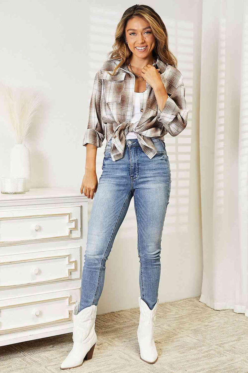 Double Take Plaid Dropped Shoulder Shirt - Three Mad Hatters Mercantile 