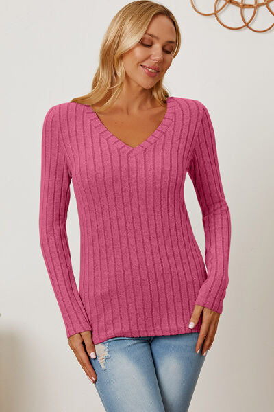 Basic Bae Full Size Ribbed V-Neck Long Sleeve T-Shirt  Hot Pink S 