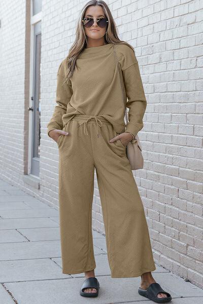 Double Take Full Size Textured Long Sleeve Top and Drawstring Pants Set - Three Mad Hatters Mercantile 