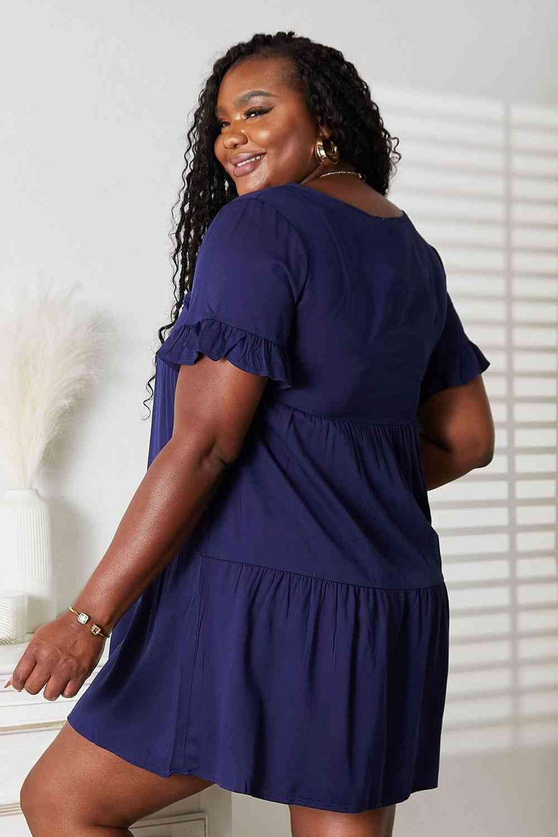 Double Take V-Neck Flounce Sleeve Tiered Dress - Three Mad Hatters Mercantile 