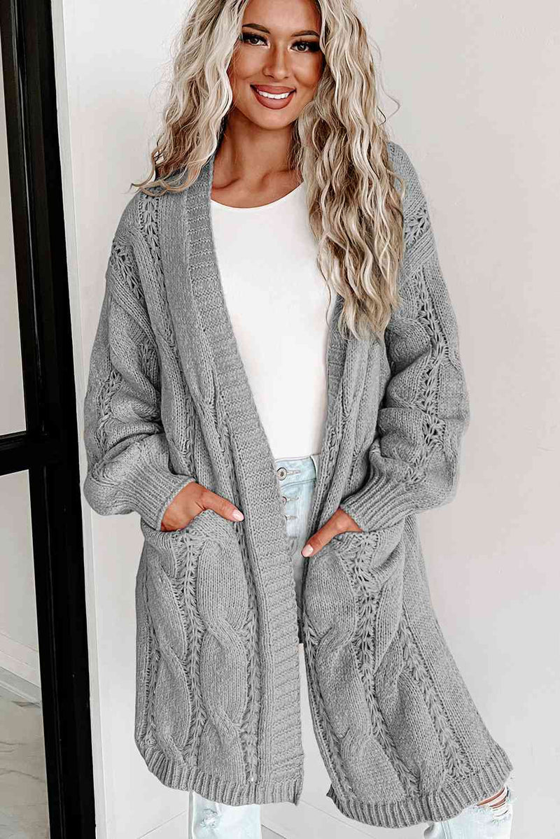 Cable-Knit Dropped Shoulder Cardigan Cardigan Light Gray S 