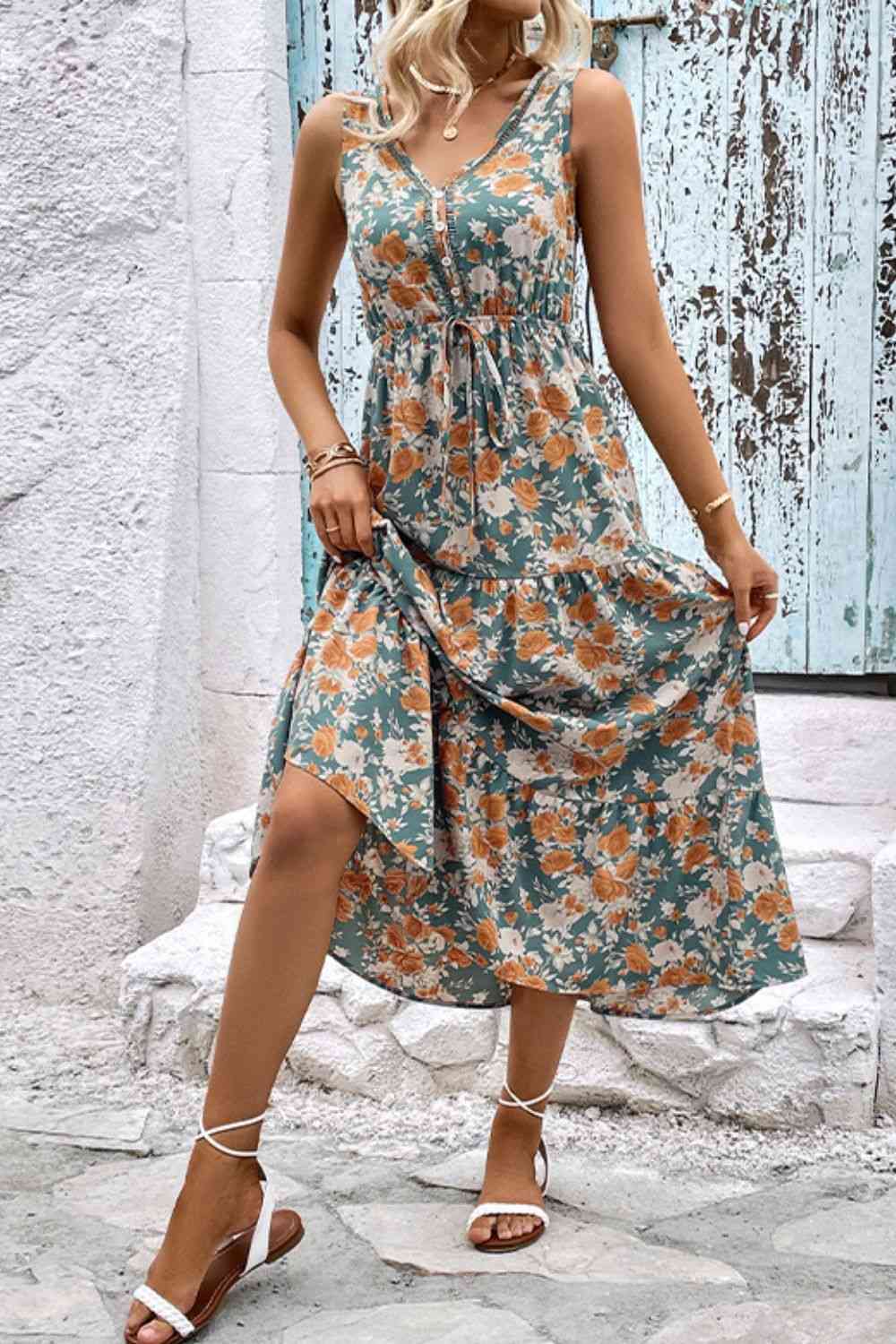 Floral V-Neck Tiered Sleeveless Dress Sleeveless Dress   