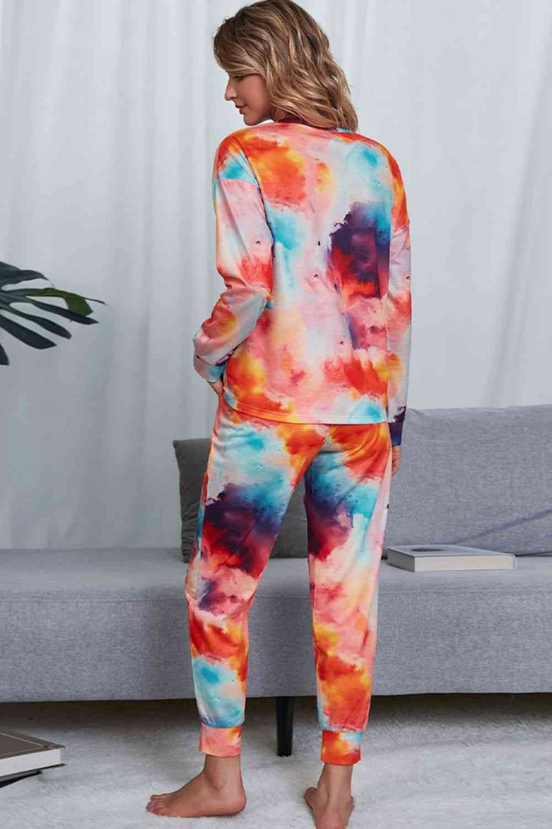 Tie-Dye Crewneck Top and Drawstring Waist Joggers Lounge Set Lounge Set   