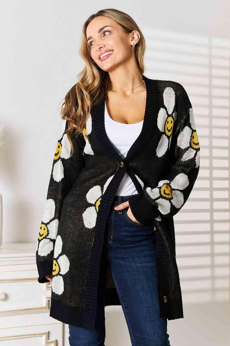 Double Take Floral Button Down Longline Cardigan - Three Mad Hatters Mercantile 