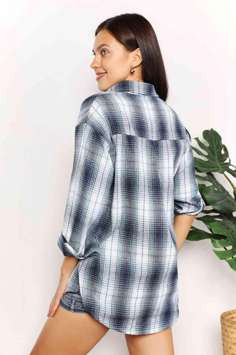 Double Take Plaid Dropped Shoulder Shirt - Three Mad Hatters Mercantile 