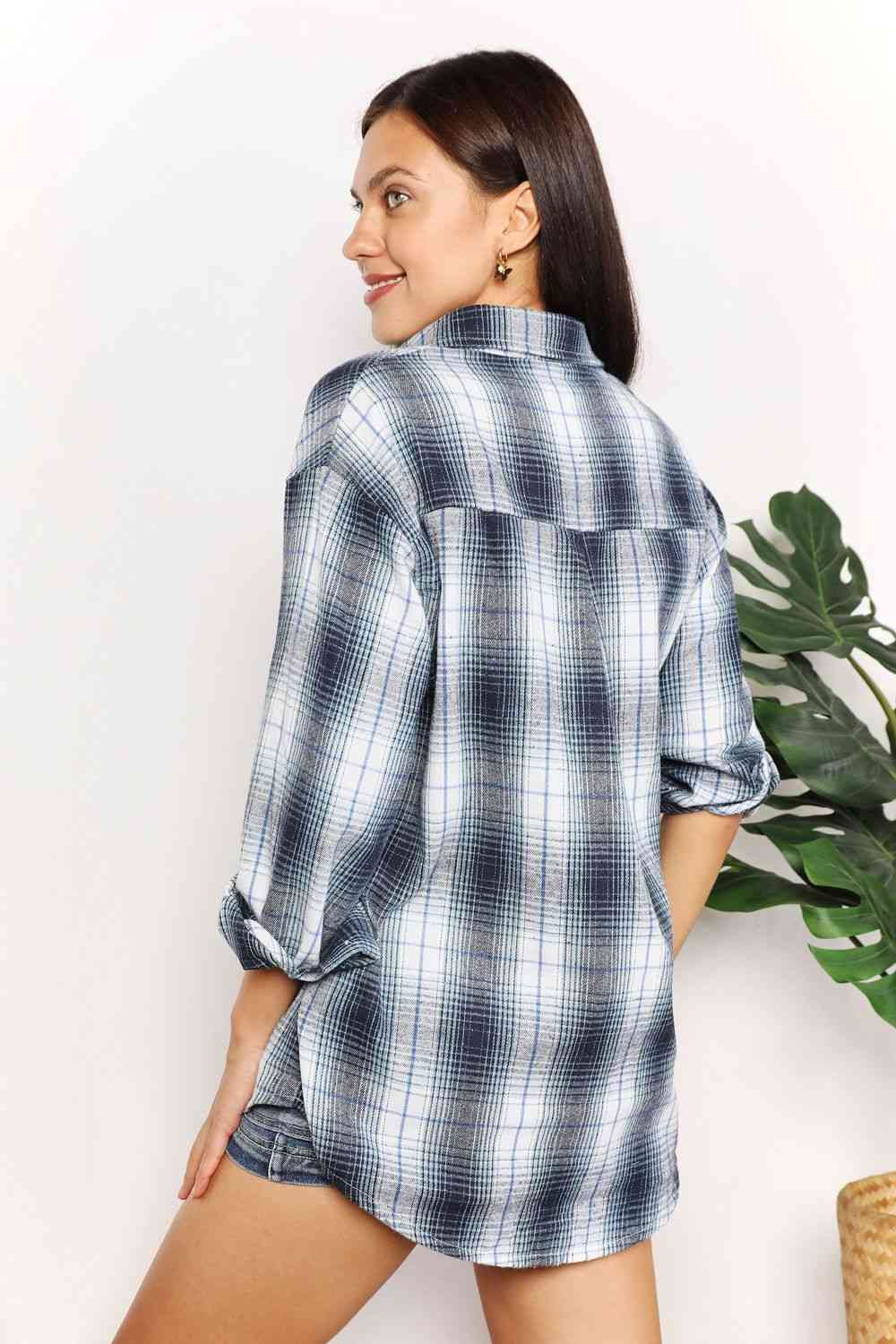 Double Take Plaid Dropped Shoulder Shirt Long Sleeve Shirt   