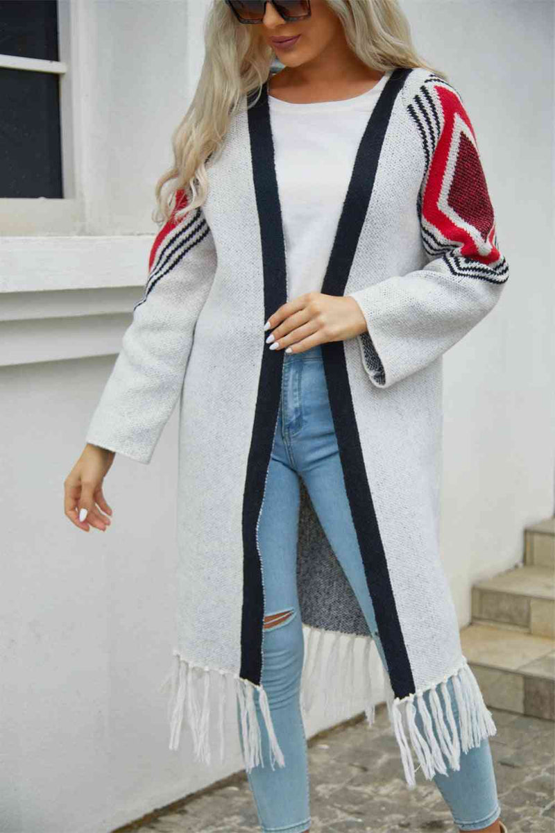 Double Take Geometric Fringe Hem Open Front Duster Cardigan Duster Cardigan   