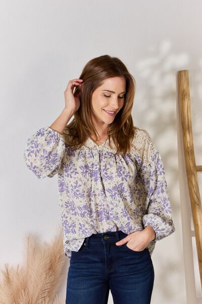 Hailey & Co Full Size Lace Detail Printed Blouse Long Sleeve Blouse   