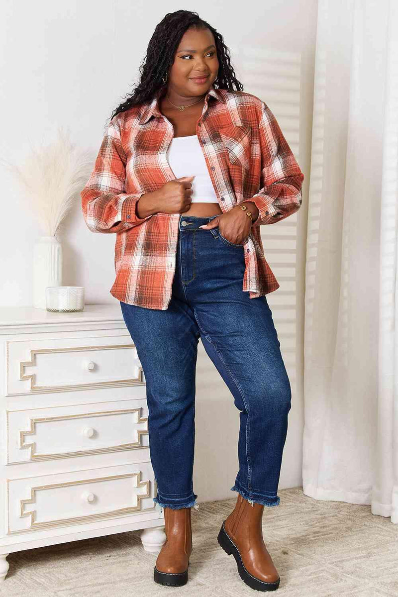 Double Take Plaid Collared Neck Long Sleeve Shirt - Three Mad Hatters Mercantile 