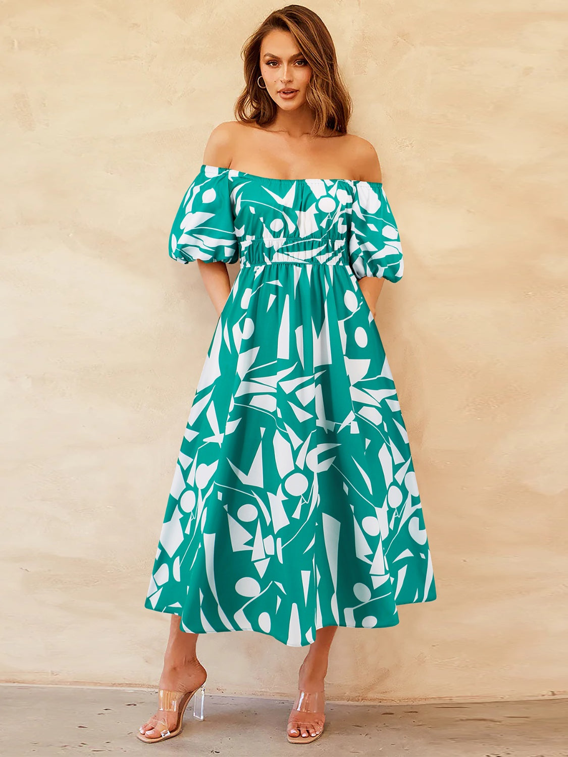 Printed Off-Shoulder Balloon Sleeve Dress Womens Midi Dress Turquoise S 