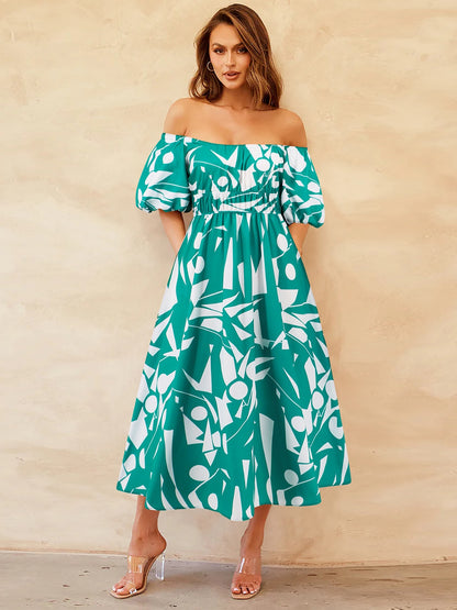 Printed Off-Shoulder Balloon Sleeve Dress Womens Midi Dress Turquoise S 