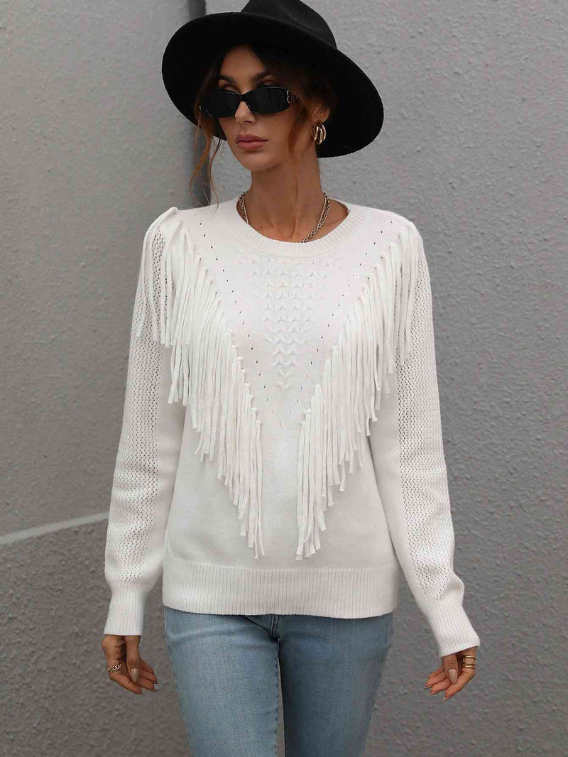 Double Take Fringe Detail Ribbed Trim Sweater Sweater   