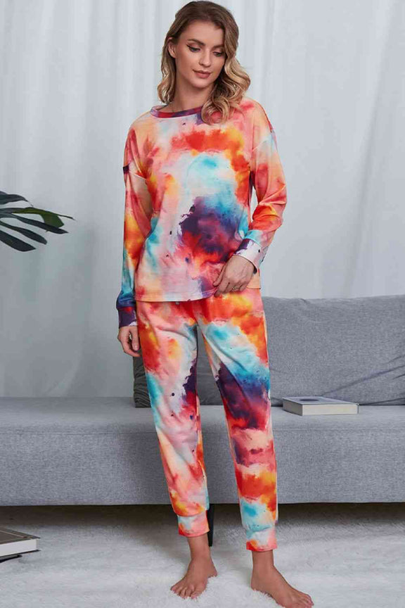 Tie-Dye Crewneck Top and Drawstring Waist Joggers Lounge Set Lounge Set   