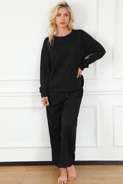 Double Take Full Size Textured Long Sleeve Top and Drawstring Pants Set - Three Mad Hatters Mercantile 