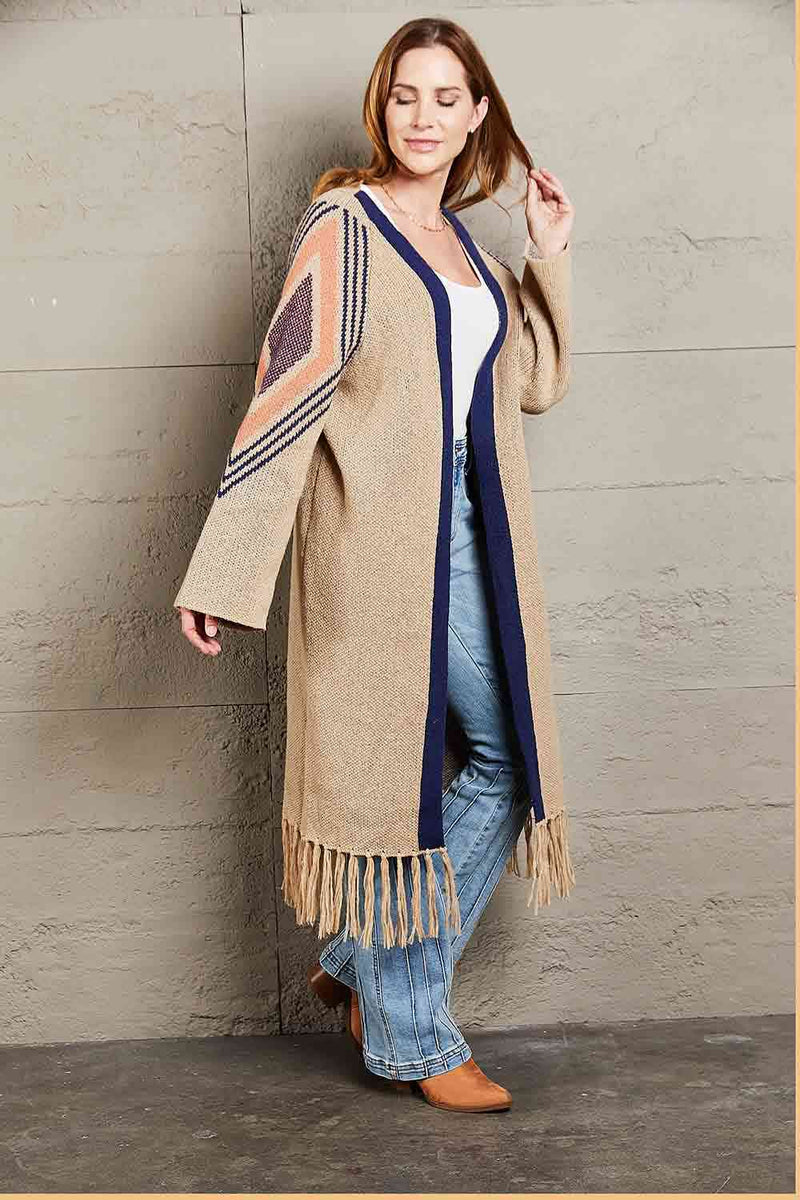 Double Take Geometric Fringe Hem Open Front Duster Cardigan Duster Cardigan   