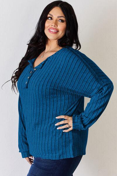 Basic Bae Full Size Ribbed Half Button Long Sleeve T-Shirt - Three Mad Hatters Mercantile 