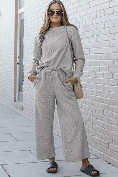 Double Take Full Size Textured Long Sleeve Top and Drawstring Pants Set Activewear Set Light Gray S 