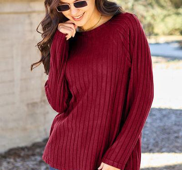 Basic Bae Full Size Ribbed Round Neck Long Sleeve Knit Top