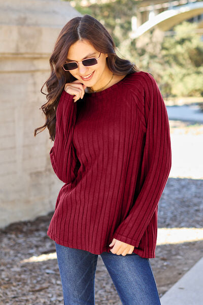 Basic Bae Full Size Ribbed Round Neck Long Sleeve Knit Top Womens Long Sleeve Shirt Scarlet S 