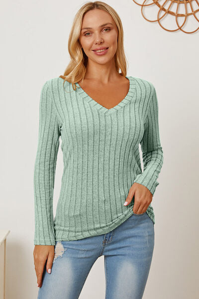 Basic Bae Full Size Ribbed V-Neck Long Sleeve T-Shirt    