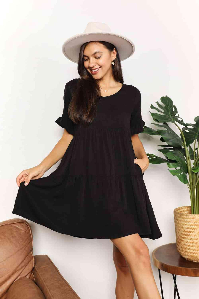 Double Take V-Neck Flounce Sleeve Tiered Dress - Three Mad Hatters Mercantile 