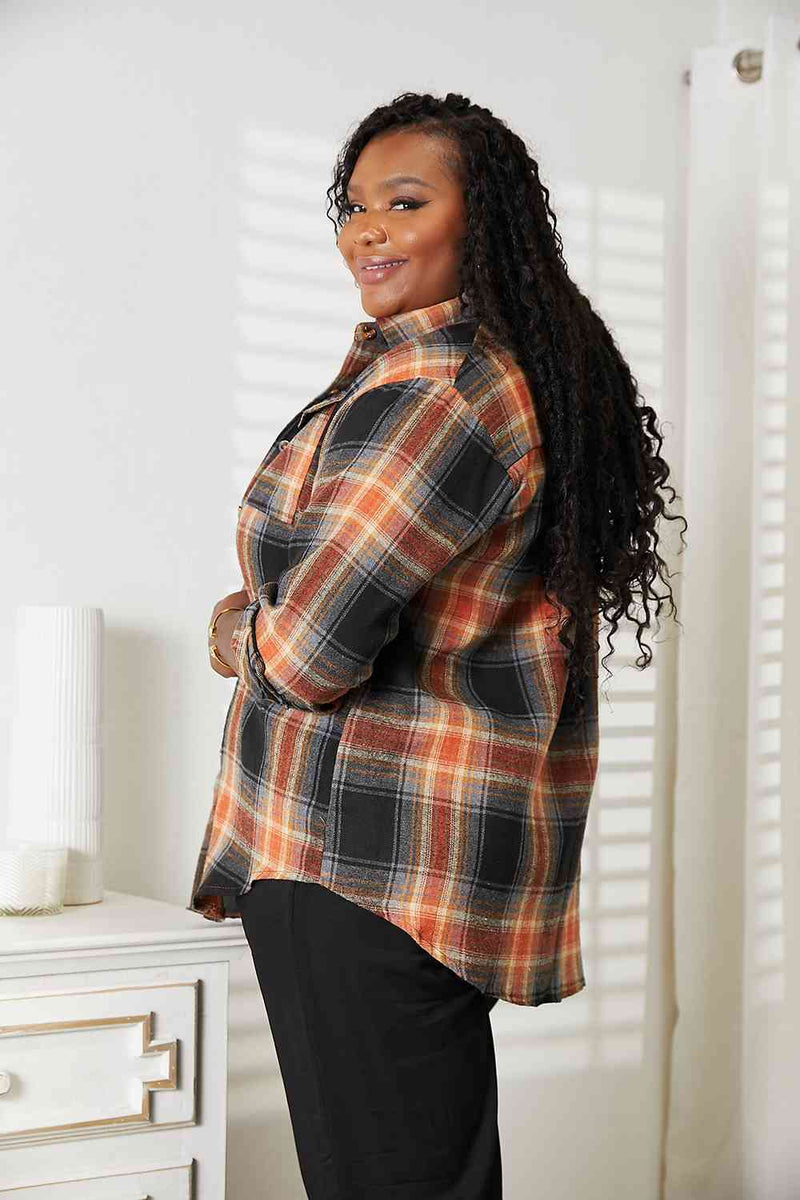 Double Take Plaid Dropped Shoulder Shirt Long Sleeve Shirt   