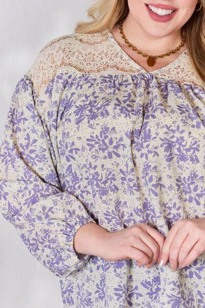Hailey & Co Full Size Lace Detail Printed Blouse - Three Mad Hatters Mercantile 
