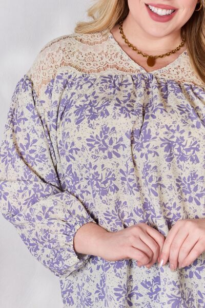 Hailey & Co Full Size Lace Detail Printed Blouse Long Sleeve Blouse   