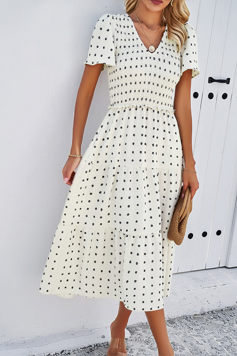 Swiss Dot Short Sleeve Smocked Dress Womens Midi Dress   