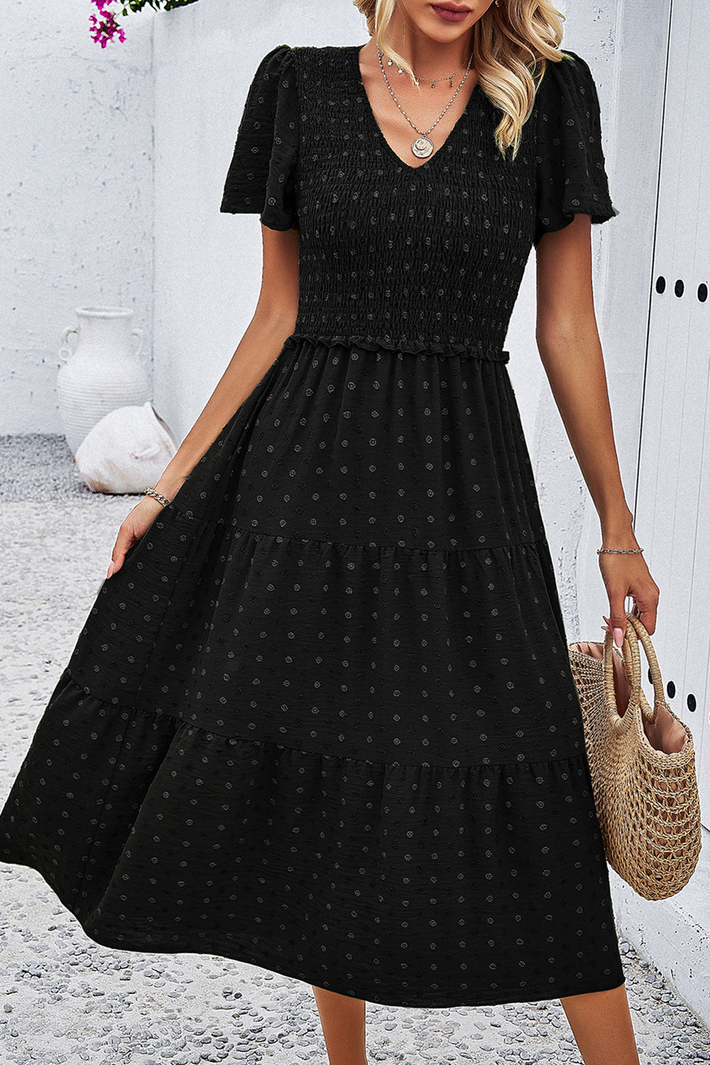 Swiss Dot Short Sleeve Smocked Dress Womens Midi Dress Black S 