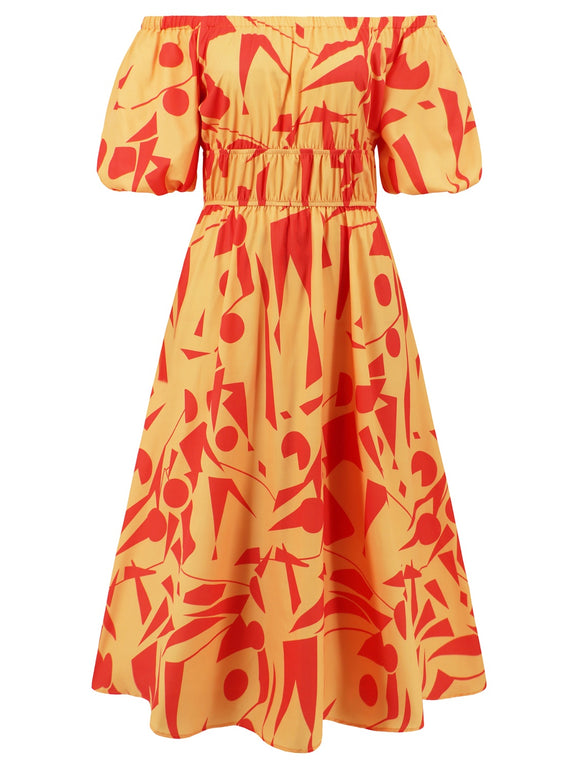 Printed Off-Shoulder Balloon Sleeve Dress Womens Midi Dress   