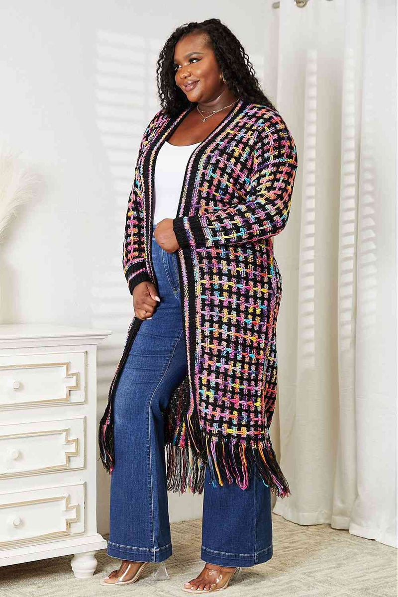 Double Take Multicolored Open Front Fringe Hem Cardigan Cardigan   