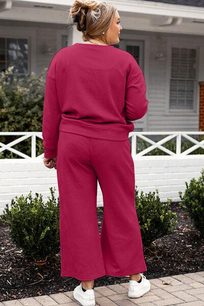 Double Take Full Size Textured Long Sleeve Top and Drawstring Pants Set - Three Mad Hatters Mercantile 
