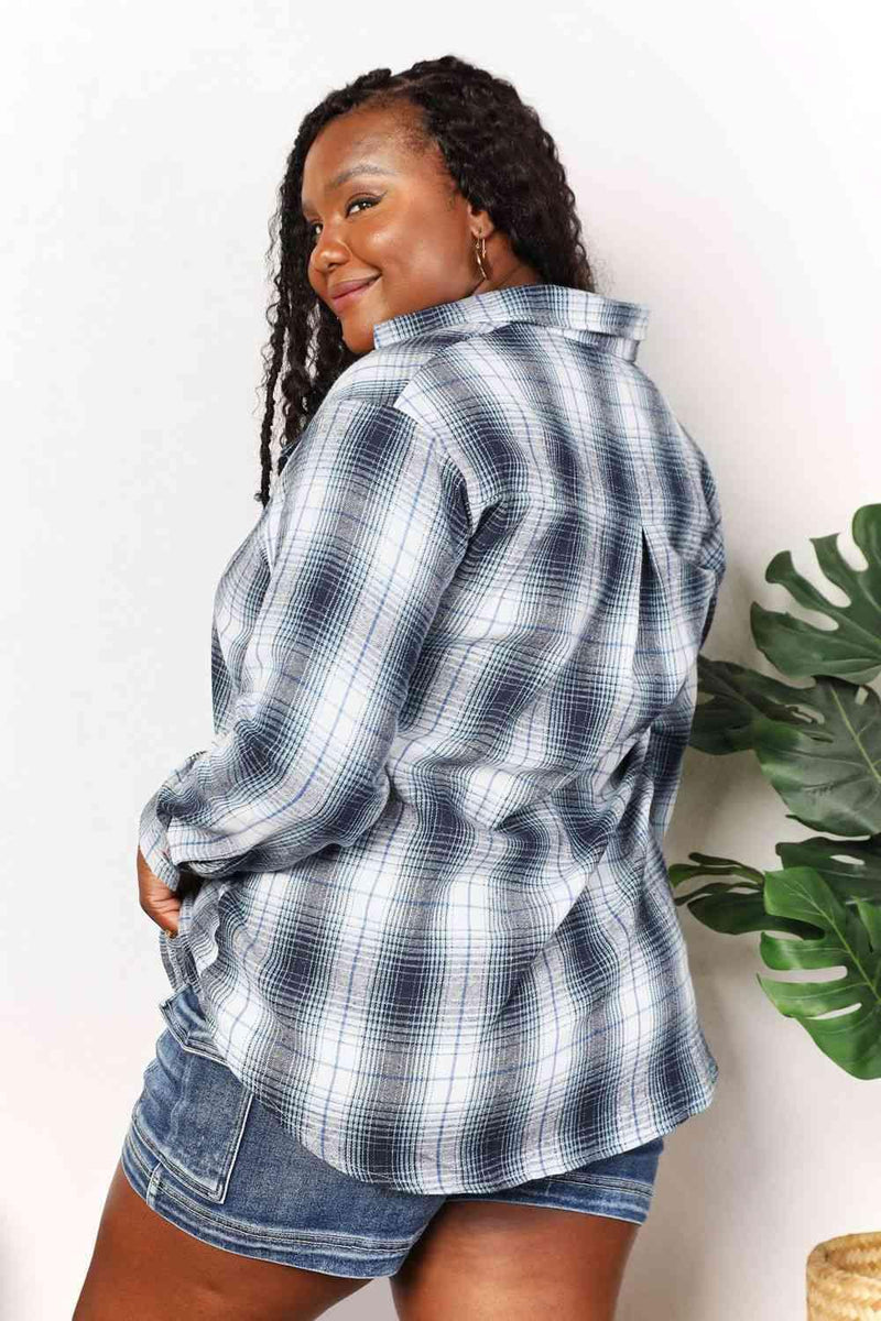 Double Take Plaid Dropped Shoulder Shirt - Three Mad Hatters Mercantile 