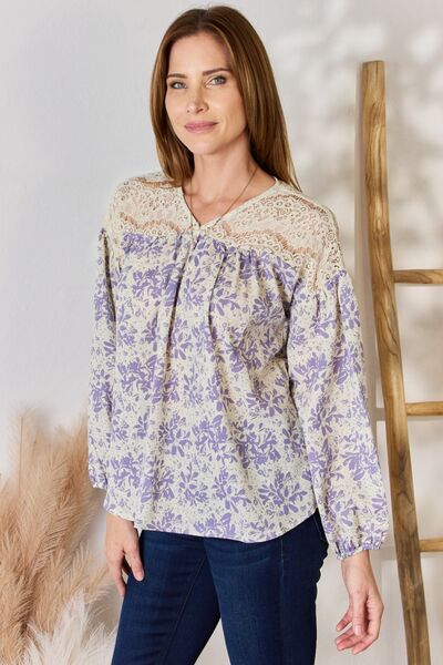 Hailey & Co Full Size Lace Detail Printed Blouse Long Sleeve Blouse   