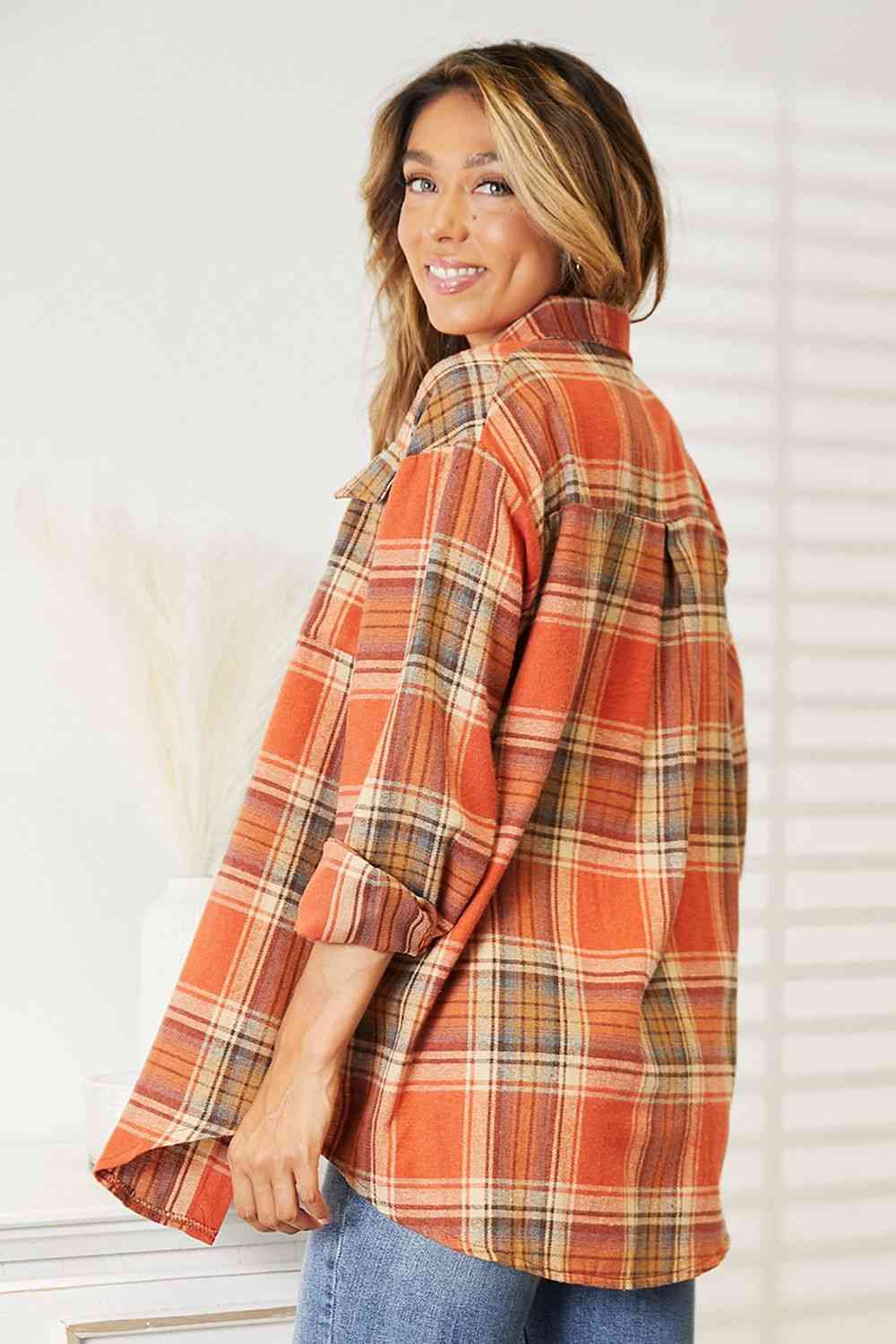 Double Take Plaid Dropped Shoulder Shirt Long Sleeve Shirt   