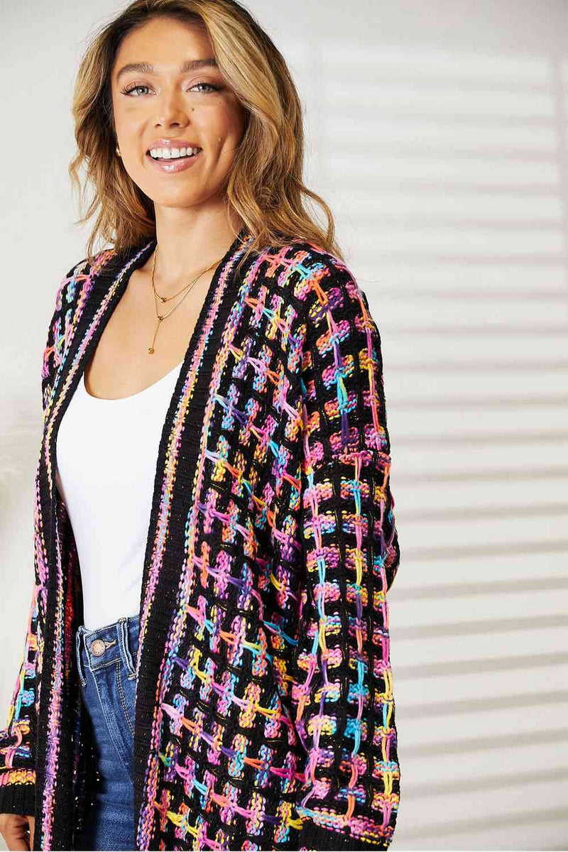 Double Take Multicolored Open Front Fringe Hem Cardigan Cardigan   