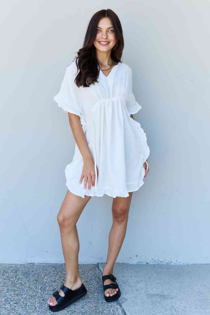 Ninexis Out Of Time Full Size Ruffle Hem Dress with Drawstring Waistband in White women mini dress   