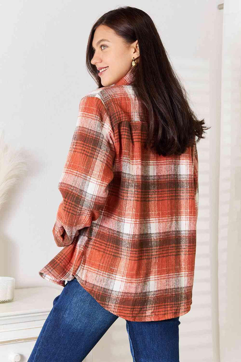 Double Take Plaid Collared Neck Long Sleeve Shirt - Three Mad Hatters Mercantile 