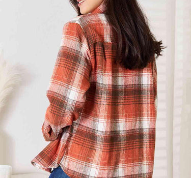 Double Take Plaid Collared Neck Long Sleeve Shirt